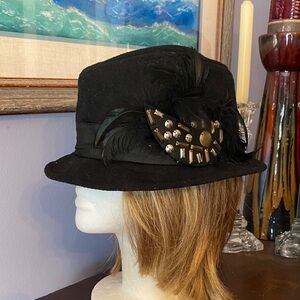 Black color unbranded Fedora style hat with decor in good clean condition
